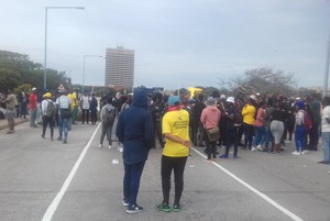 Photo of protesters from behind